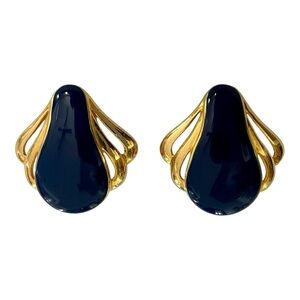 Vintage Clip-On Navy Teardrop Runway Designer Classic Earrings, Gold-Tone.